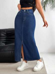 2025 falda de Mezclila suelta y delgada con caderas a, tenedor abierto, falda vaquero casual de media y larga duración, mujer de 4 colores - Azul Marino - Ver 3