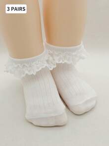 3 Pairs New White Lace Trim Socks, Lolita Style Lace Ankle Socks, School Season Academy Style Baby Girl Socks - White - View 1