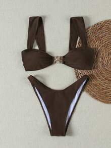 新款女士性感休闲卡其色宽肩带海星装饰比基尼套装，适合海滩、度假、派对、约会等夏季场合。 - 卡其色 - 查看 2