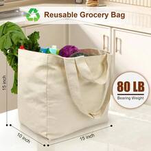 Upgraded Reusable Grocery Bags 3pcs XL Set, All In One Canvas Grocery Bags With Dual Handles, Inner Pockets, Shrink Resistant, Foldable