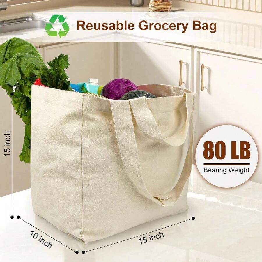 Upgraded Reusable Grocery Bags 3pcs XL Set, All In One Canvas Grocery Bags With Dual Handles, Inner Pockets, Shrink Resistant, Foldable