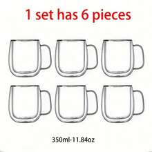 1-2-4 件套，350ml/250ml 简约透明双层玻璃杯，隔热时尚，带手柄，适合咖啡、果汁，多用途使用，适合返校