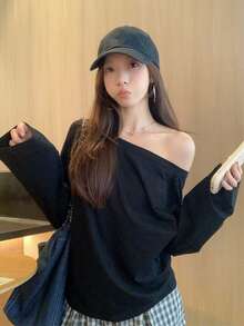 Loose Fit Versatile Off Shoulder Long Sleeve T-Shirt, Elegant Casual Layering Top, Spring/Summer