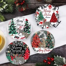 1set/10sets 4pcs/Set Christmas Santa Claus, Christmas Bell, Christmas Snowflake, Christmas Reindeer, Christmas Tree, Snowman, Christmas Penguin Coasters, Polyester Rubber Coaster Set, Ideal For Holiday Parties, Bars, Offices And Homes, All Occasions, Size: 3.94 Inches X 3.94 Inches