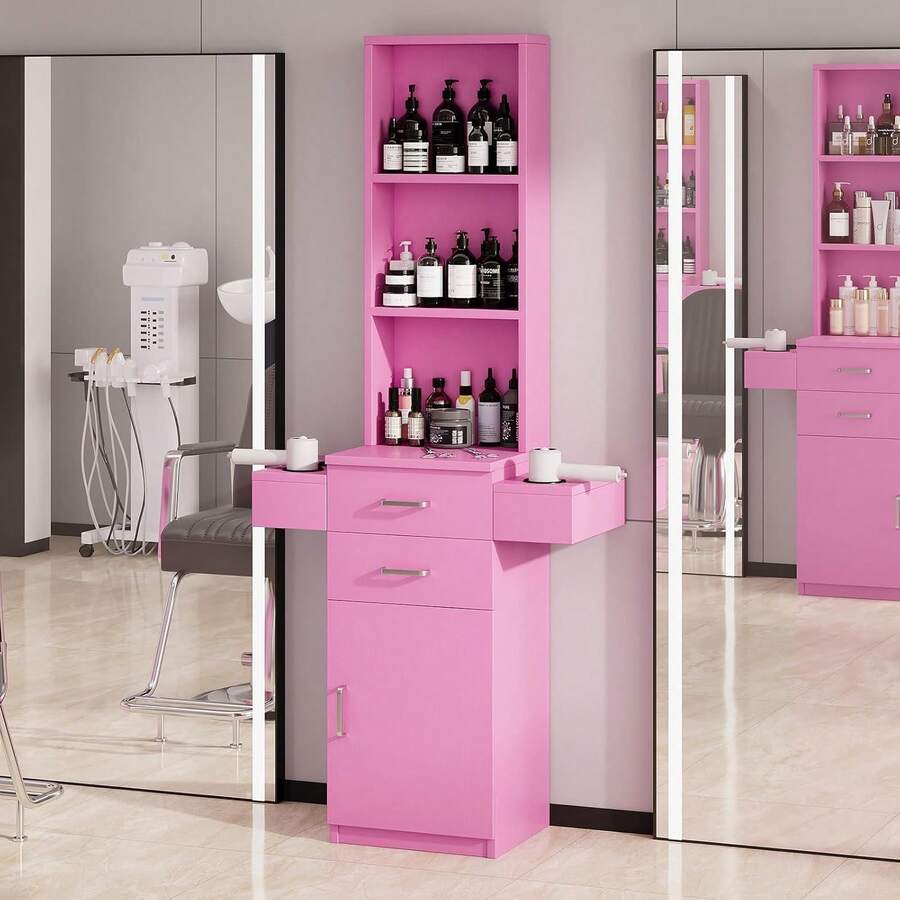 Hombck Salon Station For Hair Stylist, Salon Station With Barber Cabinet, Hair Stations Equipment Hair Dryer Holder, Drawers, Storage Cabinet For Hair Styling, White/ Black/ Pink - 粉色 - 查看 1