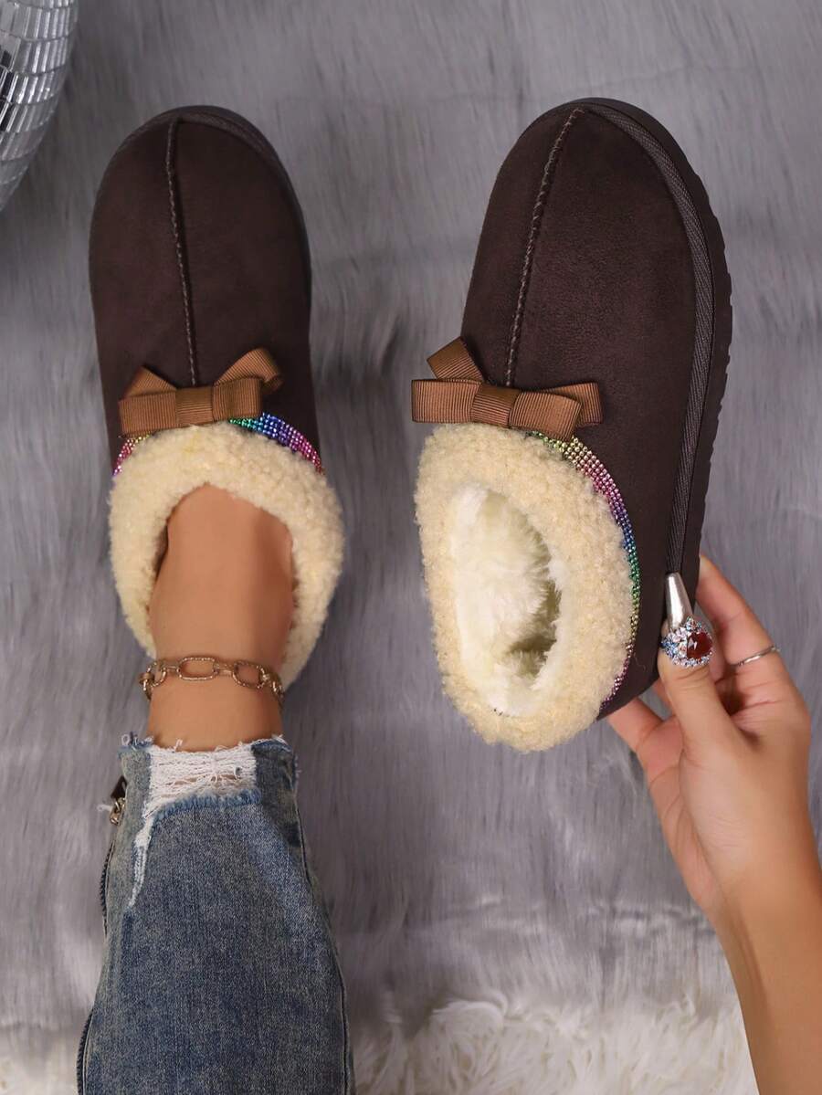 Women's Autumn/Winter New Snow Boots, Anti-Slip Warm Shoes, Thick Short Boots, Versatile Slim Fit Comfortable Boots, Sequin Bow Decor Fashion Boots