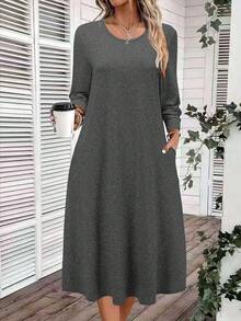 Women's Solid Color Long Sleeve Pocket Casual Dress