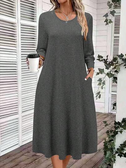 Women's Solid Color Long Sleeve Pocket Casual Dress