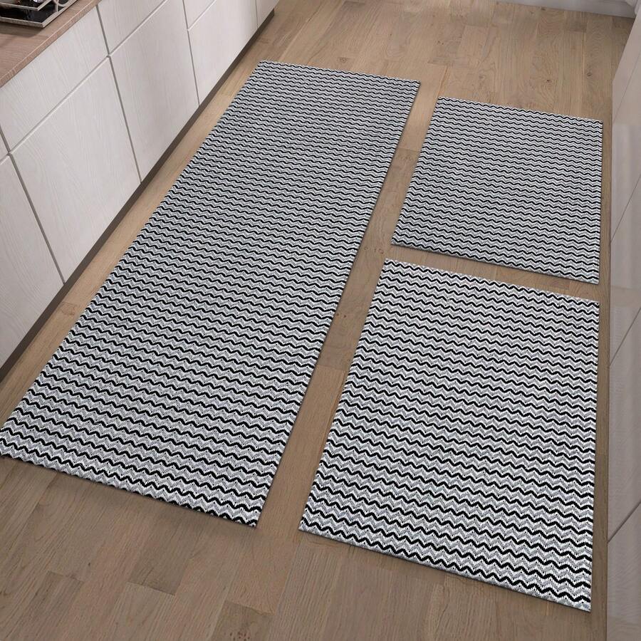 3-Piece 100% Cotton Runner Set – Decorative Rugs For Kitchen, Bathroom Or Laundry Room - Black/Gray - View 1