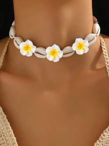 1 件波西米亚风格亚克力贝壳和聚合物粘土花朵编织可调节项链，适合女士 - 白色 - 查看 1