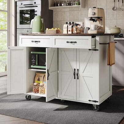 Farmhouse Style Rolling Kitchen Island Storage Trolley With Large Cabinet, 2 Drawers, Adjustable Shelf, Spice&Towel Rack, Dining Room Organiser Sideboard Cupboard Cabinet Cart, White