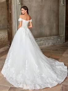 Women's Elegant White Lace Applique Off Shoulder Fashion Wedding Dress, Party Formal Cocktail Bridesmaid Gown, Valentine's Day - White - View 2