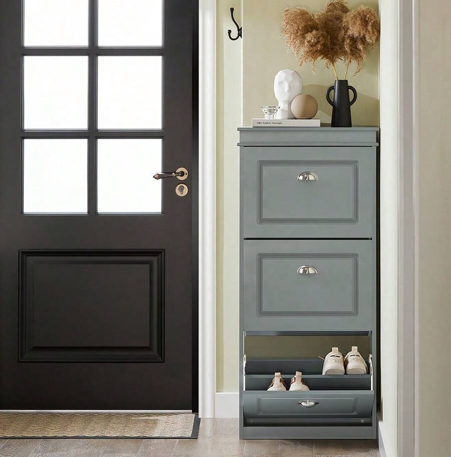 SoBuy 3 Flip-Drawers Shoe Cabinet Shoe Rack Shoe Storage Cupboard Organizer Blue W53 X D24 X H118cm FSR94-B - 灰色 - 查看 1