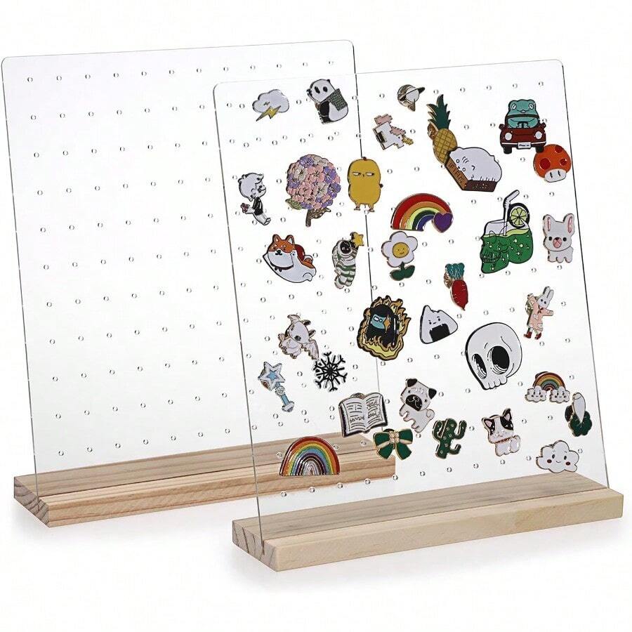 QY Pin Display Organizer Acrylic Pin Collection Holder 132 Holes Enamel Pins Display Frame Stand With Wooden Base Pin Gift Multipurpose Earring Display Holder Board 2601 - Clear - View 1