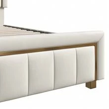 HOKZYHOUSE Letto imbottito 140 x 200 cm, letto matrimoniale con contenitore idraulico e rete a doghe, letto contenitore, righe verticali con bordi dorati, velluto, beige - Beige - Visualizzare 8