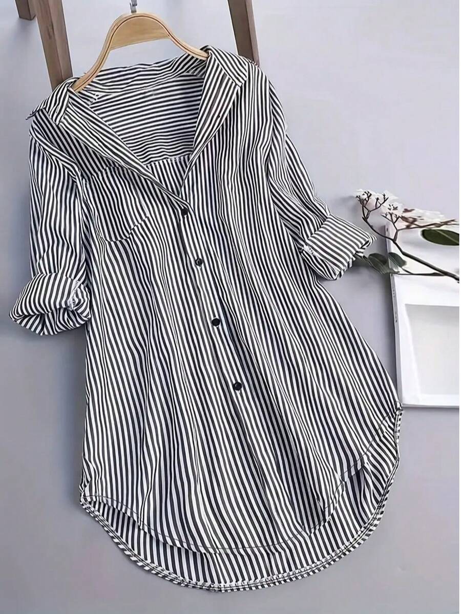Plus Size Women's Classic Striped Button-Up Casual Shirt