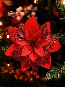 10 件/20 件/1 件闪亮双层一品红人造圣诞花，带夹子，适用于圣诞节、新年、婚礼派对、花环、楼梯、窗户、壁炉、圣诞树装饰、一品红圣诞树饰品、圣诞装饰品、闪光人造一品红、DIY 花环、家居装饰、婚礼派对、圣诞礼物装饰、圣诞装饰品、节日派对装饰、圣诞节 - 酒紅色 - 查看 4