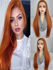 Parrucca frontale in pizzo elegante da 24 pollici di colore arancione sporco, parrucca frontale in pizzo sintetico con attaccatura dei capelli pre-sfoltita, fibra di capelli resistente al calore, parrucca liscia e setosa per donne, cosplay, feste, uso quotidiano - Multicolore - Visualizzare 2