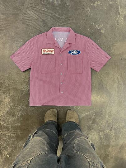 男士休闲条纹标语印花短袖衬衫，夏季