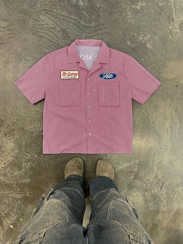 男士休闲条纹标语印花短袖衬衫，夏季