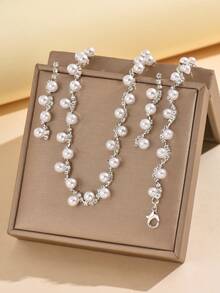 4 件优雅仿珍珠首饰套装 - 项链、耳环、手链，适合女士婚礼、派对、宴会 - 857747銀色仿珍珠耳環項鍊手鍊 - 查看 6