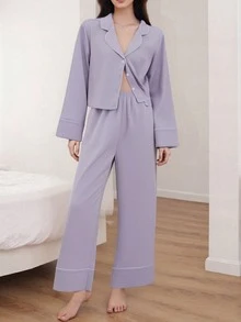 Women's 2 Piece Lounge Set Long Sleeve Lapel Button Up Shirt Pants Casual Sets