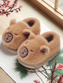 1 par de pantuflas con estampado de animales de dibujos animados para niños, con forro cálido, zapatos de interior para el hogar para niños y niñas en otoño/invierno, pantuflas antideslizantes para niños, aptas para uso en el hogar y al aire libre