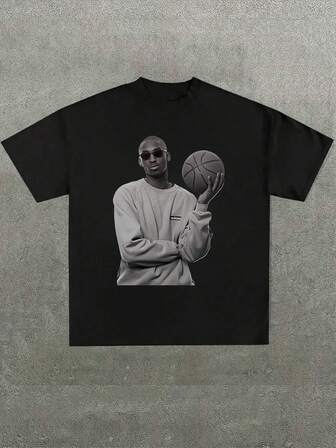 Kobe Bean High Neck Pattern T-Shirt - 220g Heavyweight 100% Cotton Loose Fit Single-Sided Print Commemorative Design Round Neck Short Sleeve Casual Top