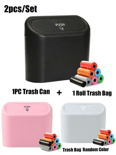 1PC/2PCS Set Car Flip-Top Trash Can, Mini Garbage Bin, Covered Small Trash Can, Desktop Trash Can, Plastic Desktop Waste Paper Basket, Swing-Top Design To Prevent Odor Leakage, Used For Storing Fruit Peel And Paper Scraps On Desk To Keep Tidy, Easy Installation Door Hanger Storage Box