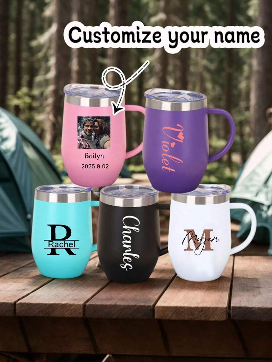 1pc Custom 12oz Stainless Steel Vacuum Insulated Tumbler With Handle Personalized Wine Tumbler - Personalized Egg-Shaped Cup, Modern, Bohemian, Perfect Birthday Gift For Lover, Girlfriend, Mother, Father, Ideal For Valentine's Day, Anniversary, Christmas, Thanksgiving,Multi-Functional, Ornamental,Reusable,Exquisite, - Multicolor - View 1