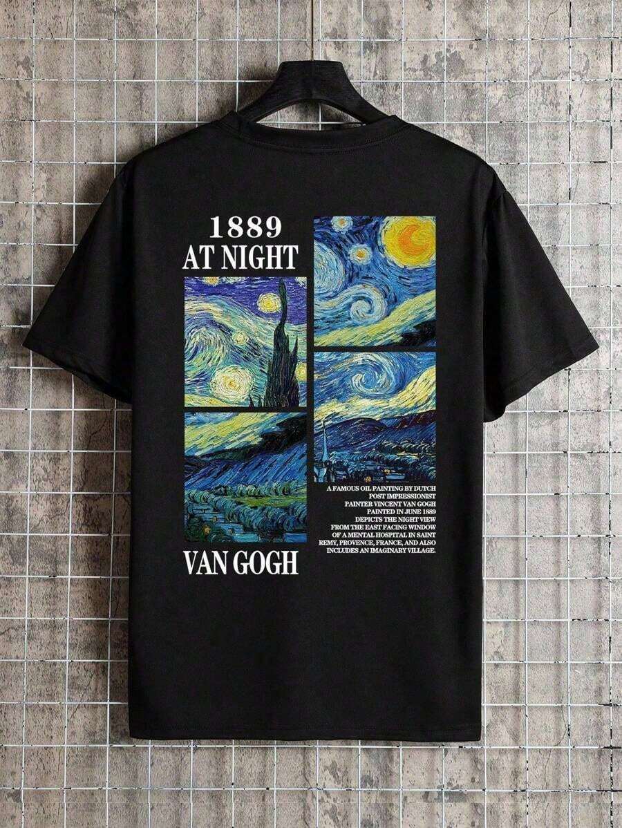 Camicia estiva da uomo a maniche corte, girocollo, con stampa di slogan e dipinti - nero - Visualizzare 1