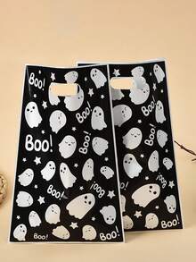 50pcs Cartoon Ghost Print Candy Gift Bags, Halloween Party Favor Treat Bags, Food Candy Packaging Bags - Black and White - View 3