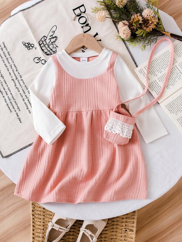 Elegant Round Neck Jacquard Simple Style Dress & Small Handbag, Autumn/Winter