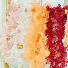 1 Roll/200cm Densely Pleated Beaded Tulle Lace Ribbon, Floral Packaging Satin Ribbon, Shiny Pearl Wavy Organza Ribbon, Suitable For Halloween, Christmas Gift Wrapping