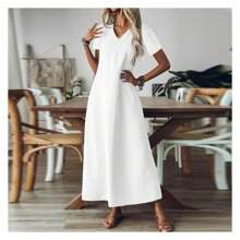 Linen Dress Women Short Sleeve V Neck Boho Maxi Dress Casual Summer Long Flowy Beach Vacation Dresses Tunic Modest,Vestidos - 多色432 - 查看 4