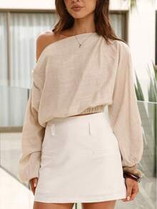 1pc Women's Off Shoulder Long Sleeve Top, Suitable For Dates, Holidays, Everyday, Birthday Parties, Singles Parties, Travel, Airport, Sports & Fitness, Spring/Autumn - Apricot - View 6