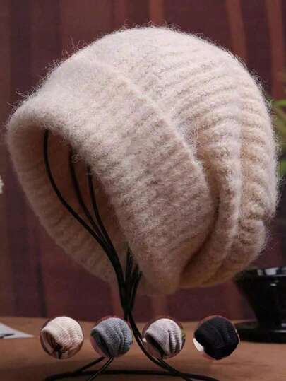 1pc Loose Knit Beanie Hat, Women Autumn/Winter Warm Oversized Knitted Cap, Small Face Acrylic Cuffed Ski Hat