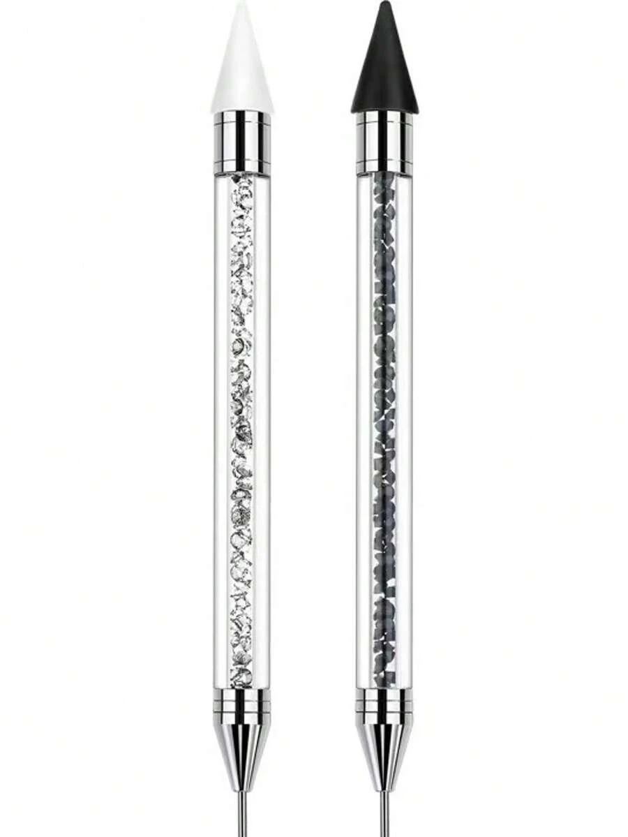 Stilou cu selector de strasuri, stilou cu două capete, pietre prețioase, cristale, știfturi, selector de ceară, creion, stilou, mărgele de cristal, mâner, manichiură, artă pentru unghii, instrument de decorare DIY (negru și alb) - Multicolor - Vizualizare 1