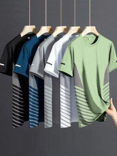 5pcs/Set Men's Quick Dry T-Shirts, Soft Elastic Outdoor Sports Thin Short Sleeve T-Shirts, Suitable For Running, Hiking, Fishing, Summer