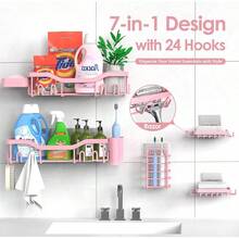 Shower Caddy Adhesive Shower Organizer 7-Pack, Rustproof Stainless Steel Bathroom Shelves, Large Capacity No-Drill Rack Storage Accessories With Soap Dish Toothbrush Holder &24 Hooks Home Decor - 粉色 - 查看 4