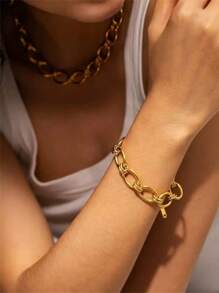 RAYQUEEN 一套不锈钢时尚百搭朋克风金色项链+手链首饰套装，适合日常佩戴和节日礼物 - 金黃色 - 查看 5