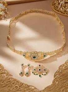 1set Morocco Belt & Crystal Brooch & Earring Set, Algerian Wedding Bridal Jewelry Gift