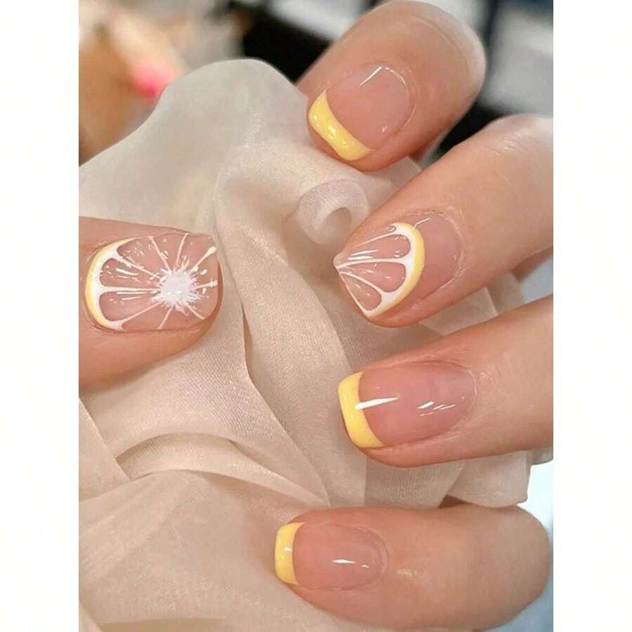 Summer New 24pcs Square Shaped Nail Set With Gems Lemon Print Incl. 1 Nail File And 1 Jelly Gel Suitable For Women And Girls Fresh French Lemon Style Press On Nails - Multicolor - View 1