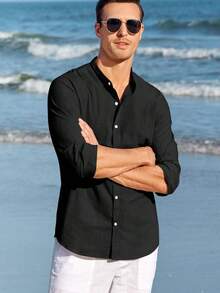 Runcati Men Linen Shirt Button Down Long Sleeve Cotton Beach Band Collar Casual Summer Shirts - màu đen - Xem 3