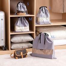 抽绳仿麂皮旅行鞋袋带提手收纳防尘罩带PVC透明窗口学校用品袋收纳袋冬季 - 灰色 - 查看 2