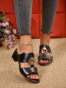 1 Pair Teenage Girls' Round Toe Peep-Toe Open Toe High Heel Sandals With Double Wide Straps And Circular Buckle, 5cm High Heel, PU Material, Comfortable And Non-Slip, Suitable For Parties, Dinners, 2025 Spring/Summer New Arrival