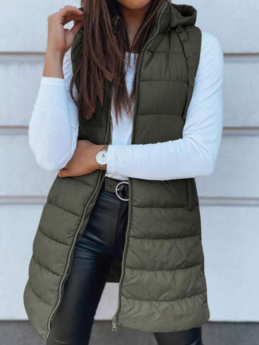 Women Long Vest Solid Color Sleeveless Hood Winter Puffer Vest Outwear - 軍綠色 - 查看 1