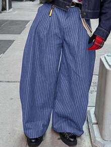 INCERUN Mens High Waist Zipper Striped Casual Loose Wide Leg Trousers Long Harem Pants Bottoms - 深藍色 - 查看 2