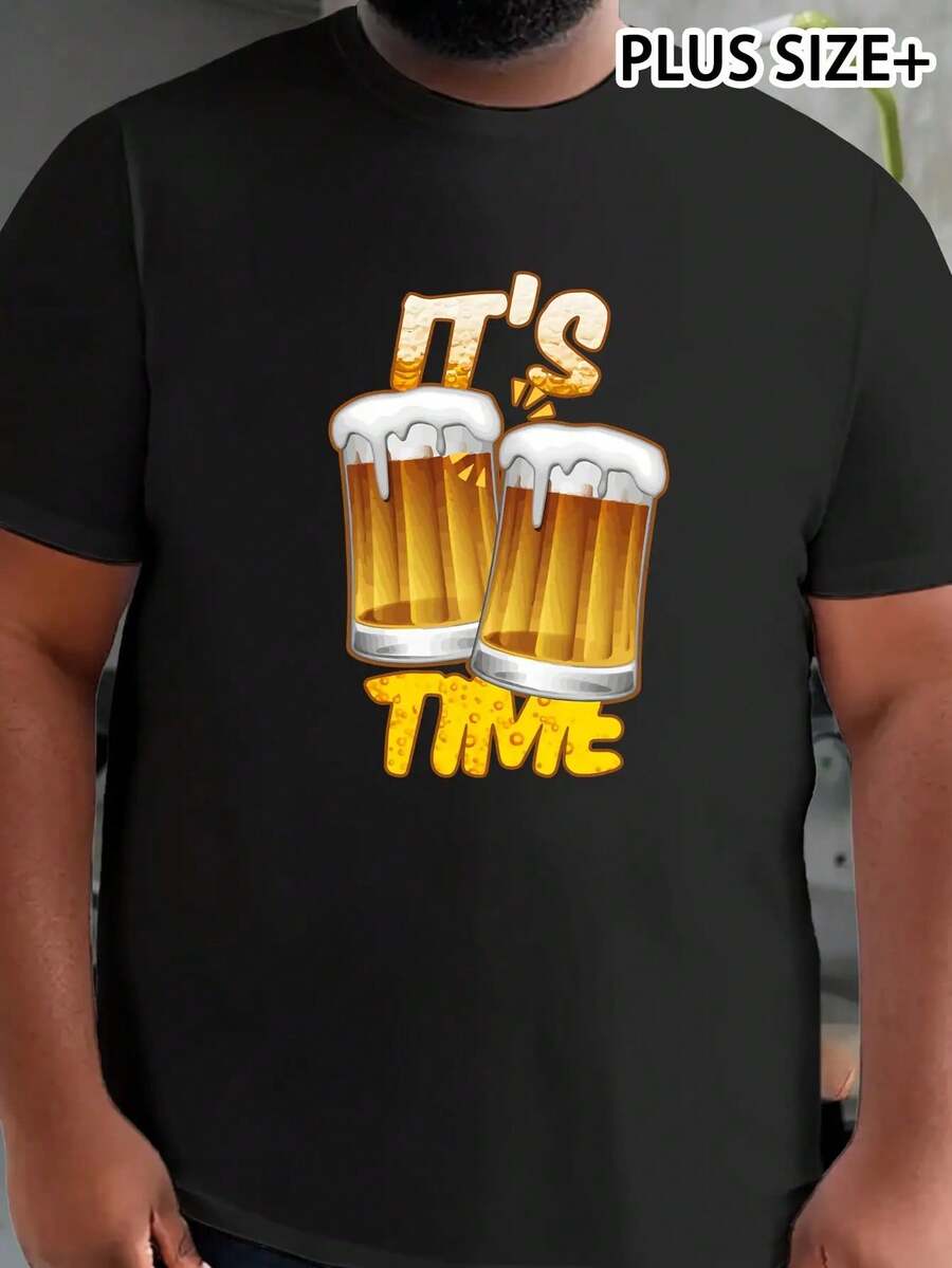 Summer Short Sleeves Fun Beer Festival Slogans Pattern Print Fashion Design Pattern Large Size Breathable Men'S Clothing, Plus Size - Black - View 1