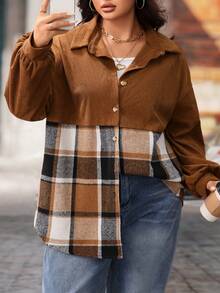 Plus Size Brown Plaid Coat Loose Casual Lapel Long Sleeve